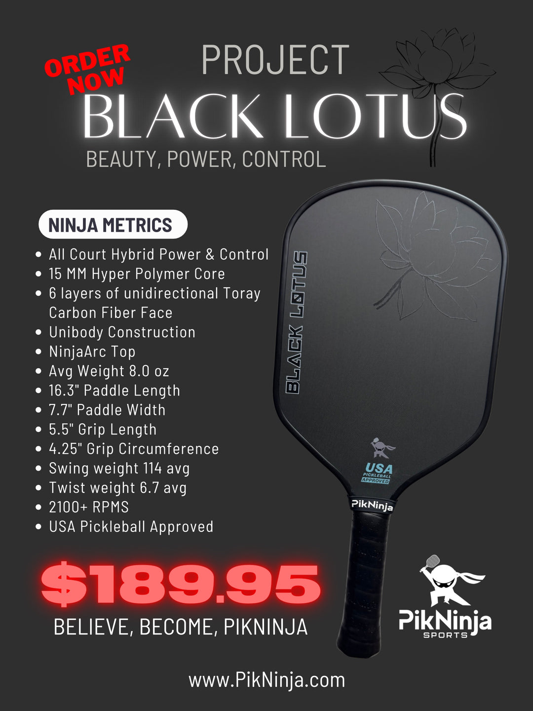 Black Lotus Carbon Fiber Paddle - NEW RELEASE 2025 Best ALL COURT